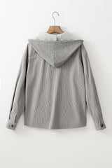 Light Grey Hooded Drawstring Pockets Corduroy Shacket Jackets JT's Designer Fashion