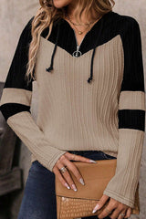 Parchment Textured Colorblock Long Sleeve Quarter Zip Drawstring Hooded Top Long Sleeve Tops JT's Designer Fashion