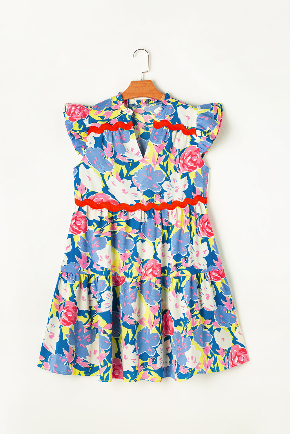 Sky Blue Floral Printed V Notched Ric Rac Flutter Sleeve Dress Floral Dresses JT's Designer Fashion