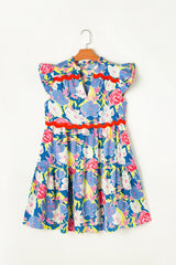 Sky Blue Floral Printed V Notched Ric Rac Flutter Sleeve Dress Floral Dresses JT's Designer Fashion