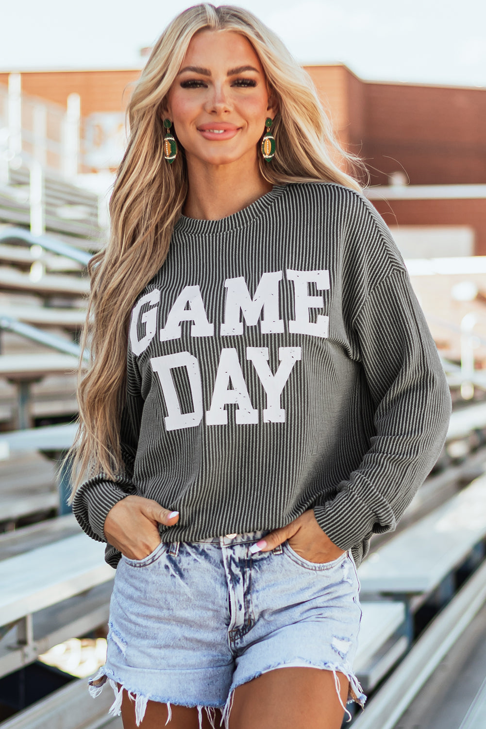 Dark Grey Corded GAME DAY Graphic Long Sleeve Crewneck Top Long Sleeve Tops JT's Designer Fashion