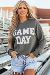 Dark Grey Corded GAME DAY Graphic Long Sleeve Crewneck Top Long Sleeve Tops JT's Designer Fashion