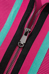 Strawberry Pink Striped Detail Flutter Sleeve Zipped Collar Short Set Short Sets JT's Designer Fashion