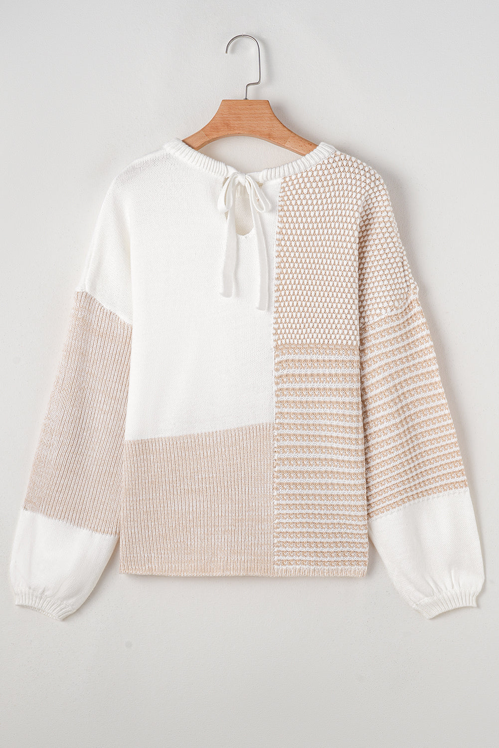 Oatmeal Mixed Pattern Knit Tie Keyhole Drop Shoulder Sweater Sweaters JT's Designer Fashion