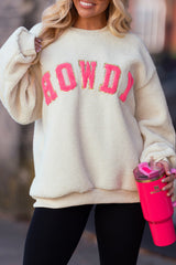 Beige Sherpa HOWDY Patched Pullover Sweatshirt Sweatshirts & Hoodies JT's Designer Fashion