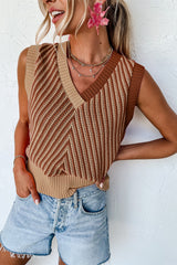 Light French Beige Contrast Chevron Knit V Neck Sweater Vest Sweaters & Cardigans JT's Designer Fashion