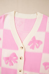 Pink Bowknot Checkered Pattern V Neck Drop Shoulder Button Up Cardigan Cardigans JT's Designer Fashion