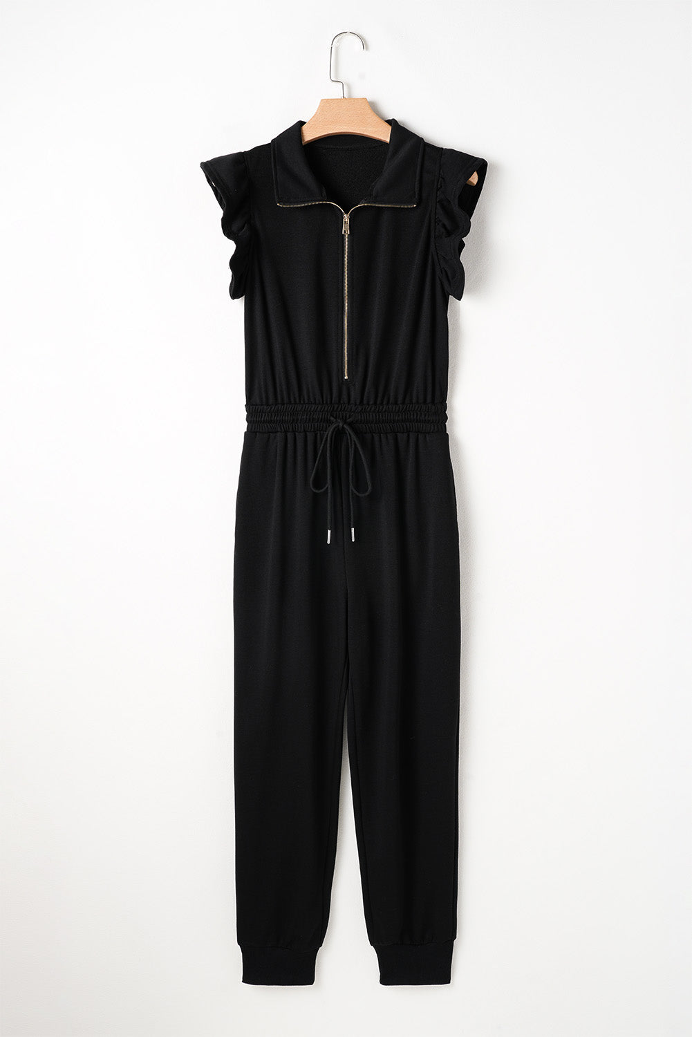 Black Zipper Flutter Sleeve Drawstring High Waist Jumpsuit Jumpsuits & Rompers JT's Designer Fashion