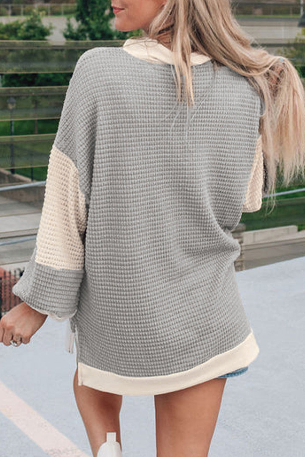 Khaki Textured Colorblock Collared Henley Top Long Sleeve Tops JT's Designer Fashion