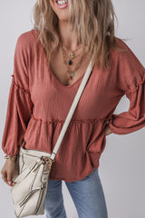 Mineral Red Solid Color Textured Frilled Trim V Neck Puff Sleeve Blouse Blouses & Shirts JT's Designer Fashion