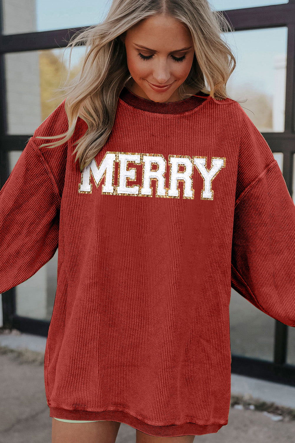 Racing Red MERRY Graphic Corded Christmas Sweatshirt Graphic Sweatshirts JT's Designer Fashion