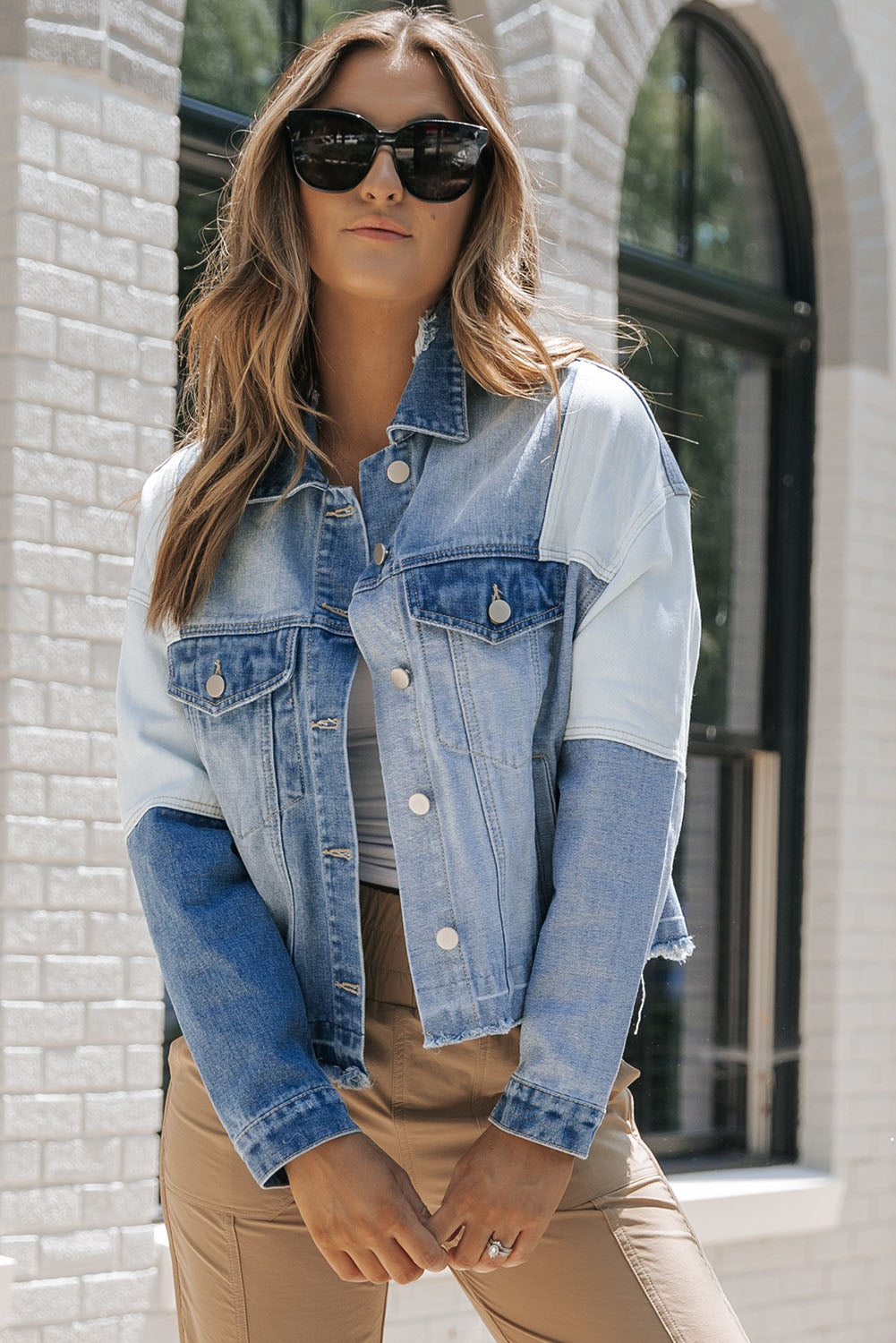 Sky Blue Color Block Denim Patchwork Frayed Hem Jacket Denim Jackets JT's Designer Fashion