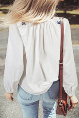 White Geometric Embroidered Long Sleeve Buttoned Blouse Blouses & Shirts JT's Designer Fashion