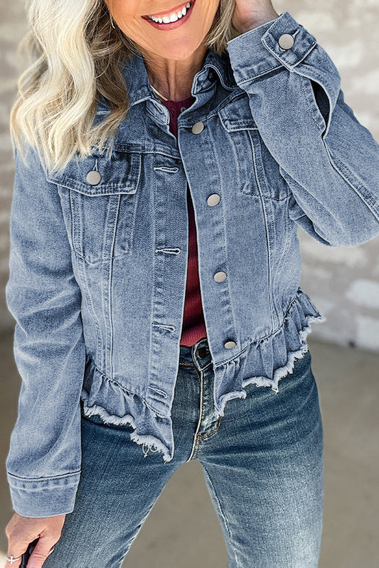 Beau Blue Ruffle Raw Hem Flap Pockets Denim Jacket Beau Blue 75%Cotton+25%Polyester Denim Jackets JT's Designer Fashion