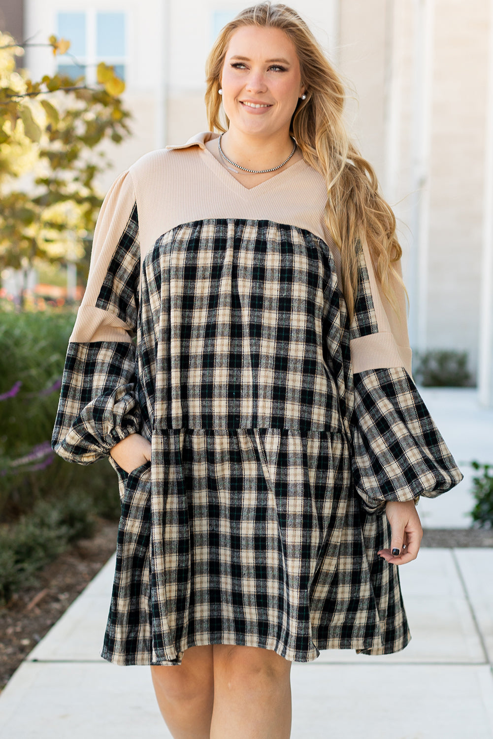 Black Plaid Waffle Knit Patchwork Collared V Neck Plus Size Mini Dress Plus Size Mini Dresses JT's Designer Fashion