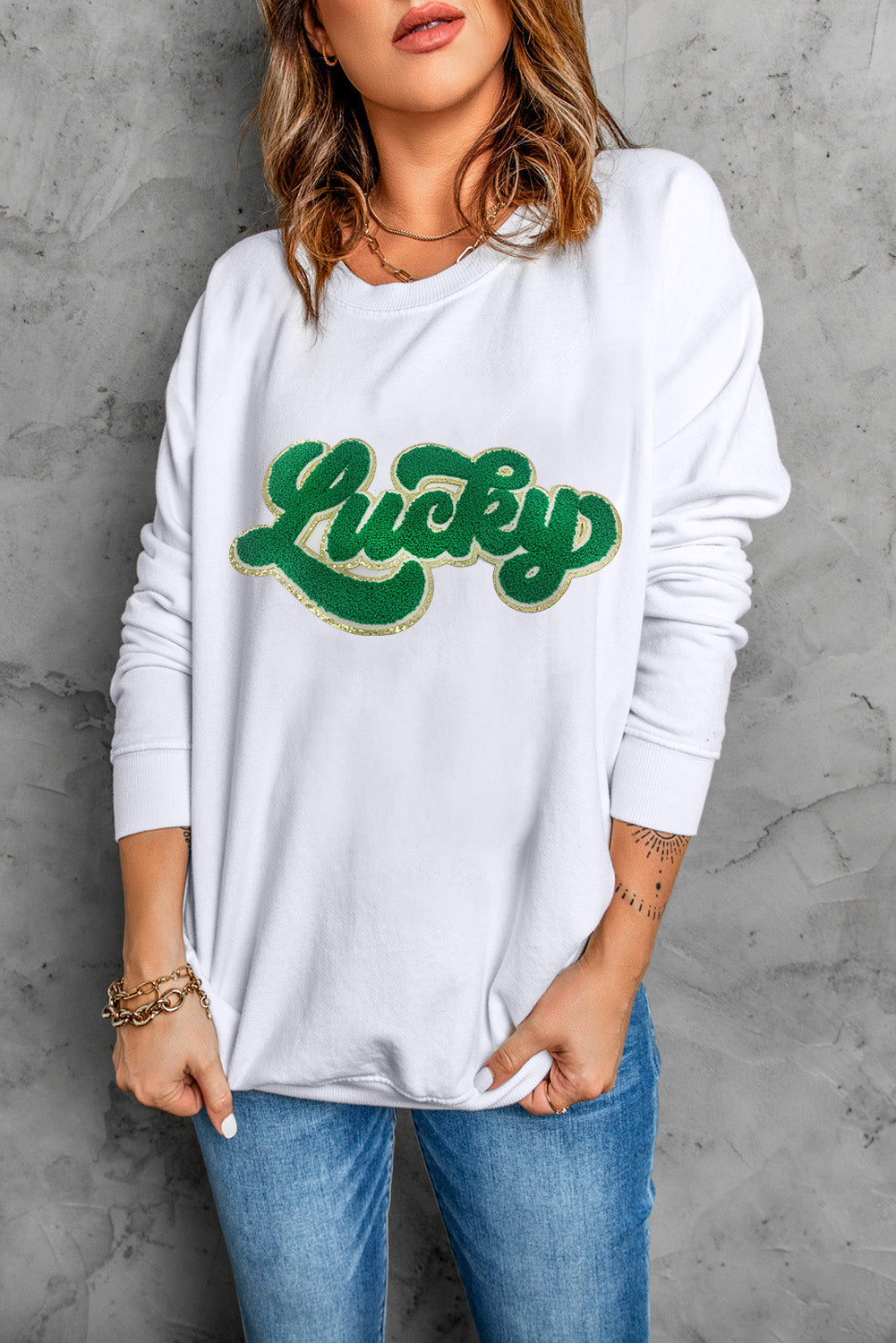 White Shiny Trim Chenille Lucky Pattern Sweatshirt Graphic Sweatshirts JT's Designer Fashion