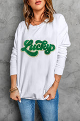 White Shiny Trim Chenille Lucky Pattern Sweatshirt Graphic Sweatshirts JT's Designer Fashion