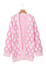 Pink Rhombus Pattern Knit Open Front Pocketed Cardigans Cardigans JT's Designer Fashion