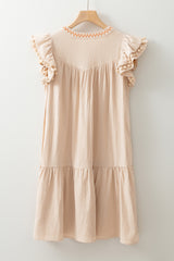 Jet Stream Linen Embroidery Split Neck Pom Pom Ruffle Sleeves Flowy Short Dress Mini Dresses JT's Designer Fashion