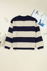 Blue Stripe Color Block PLus Size Drop Shoulder Sweater Plus Size Sweaters & Cardigans JT's Designer Fashion