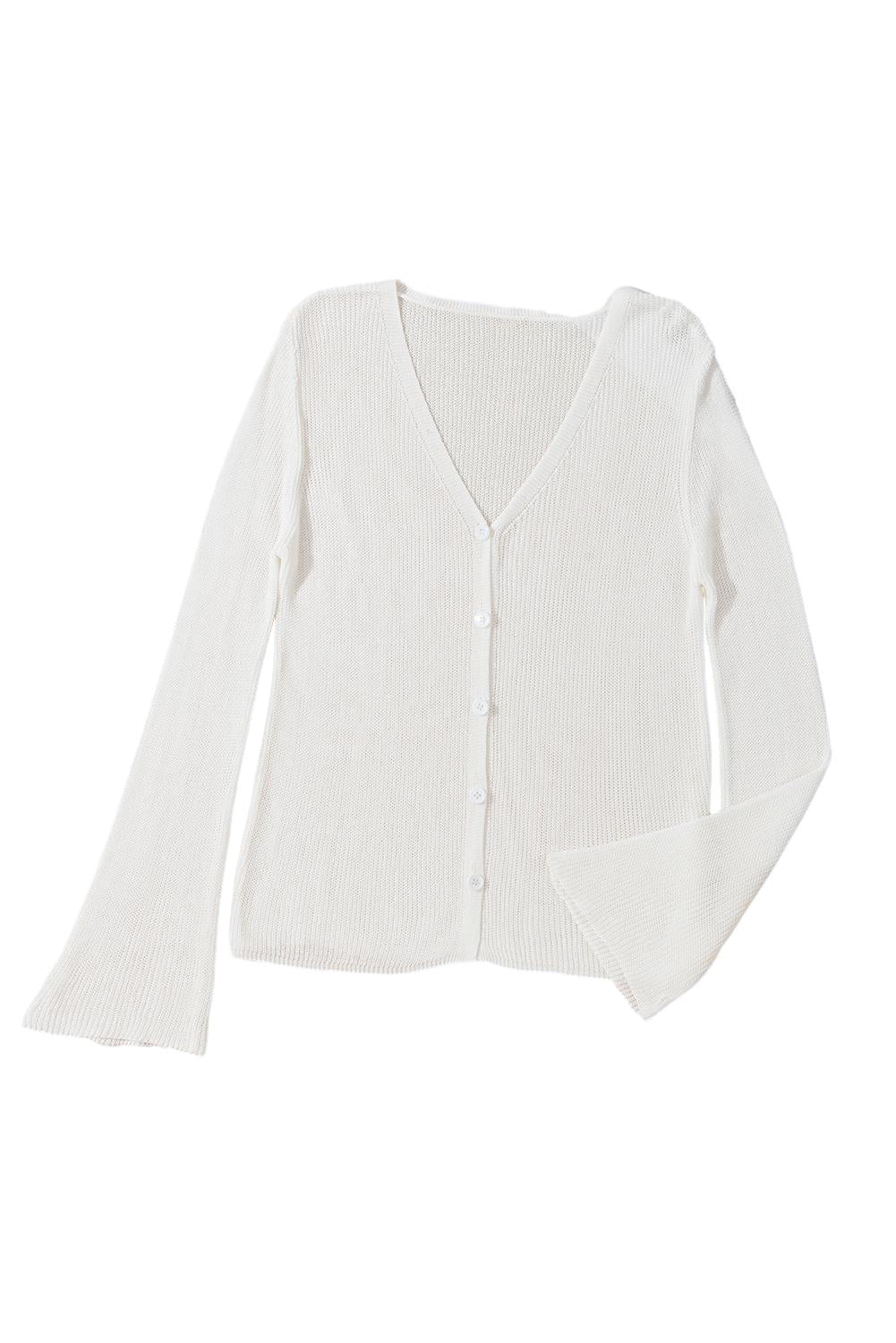 White Lightweight V Neck Button Front Bell Sleeve Cardigan Sweater Cardigans JT's Designer Fashion