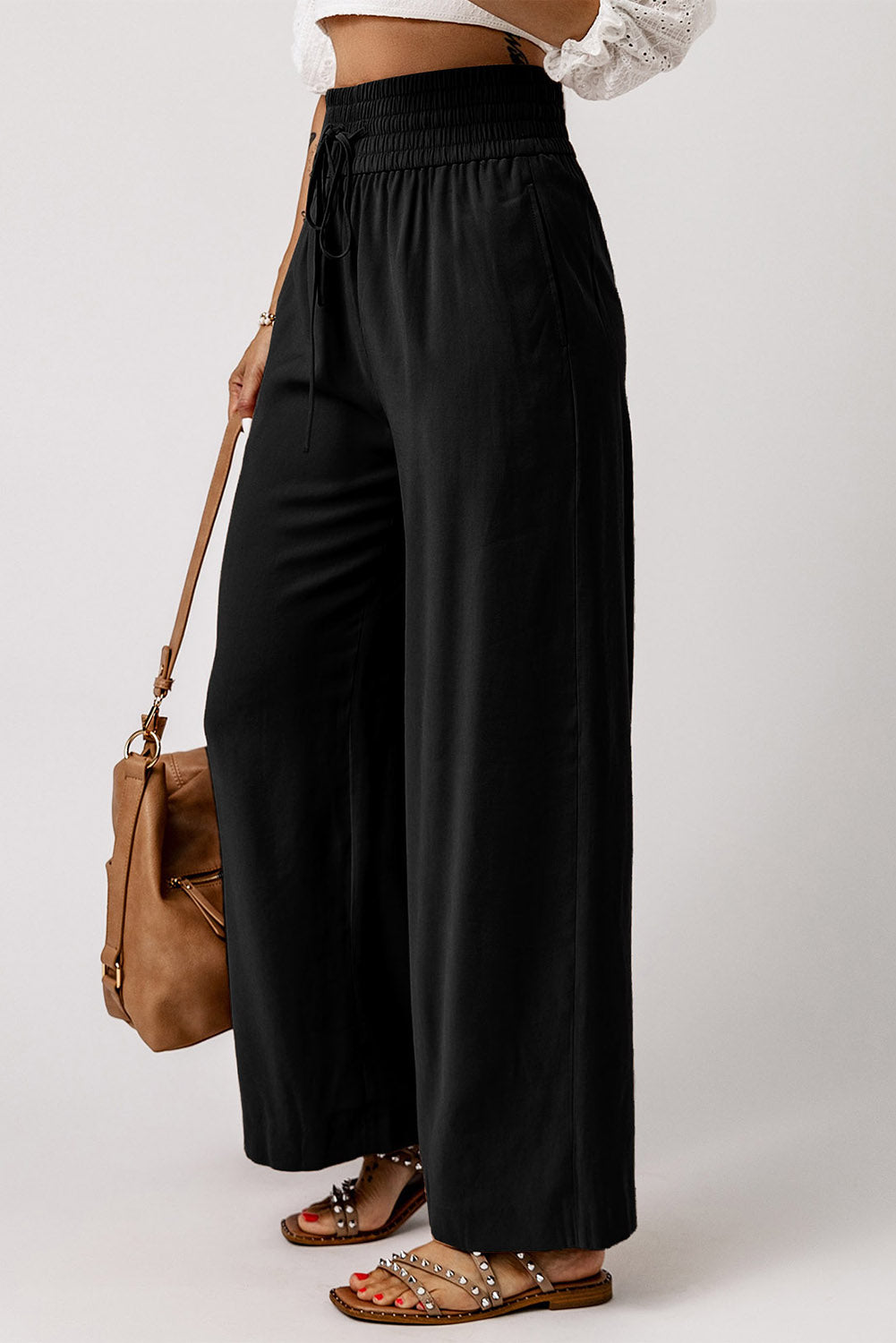 Black Drawstring Elastic Waist Casual Wide Leg Pants Pants & Culotte JT's Designer Fashion
