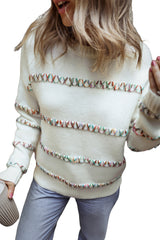White Colorful Crossed Stitch Drop Shoulder Sweater Sweaters JT's Designer Fashion