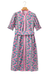 Pink Floral Shirred Puff Sleeve Buttoned Front Midi Dress with Sash Midi Dresses JT's Designer Fashion