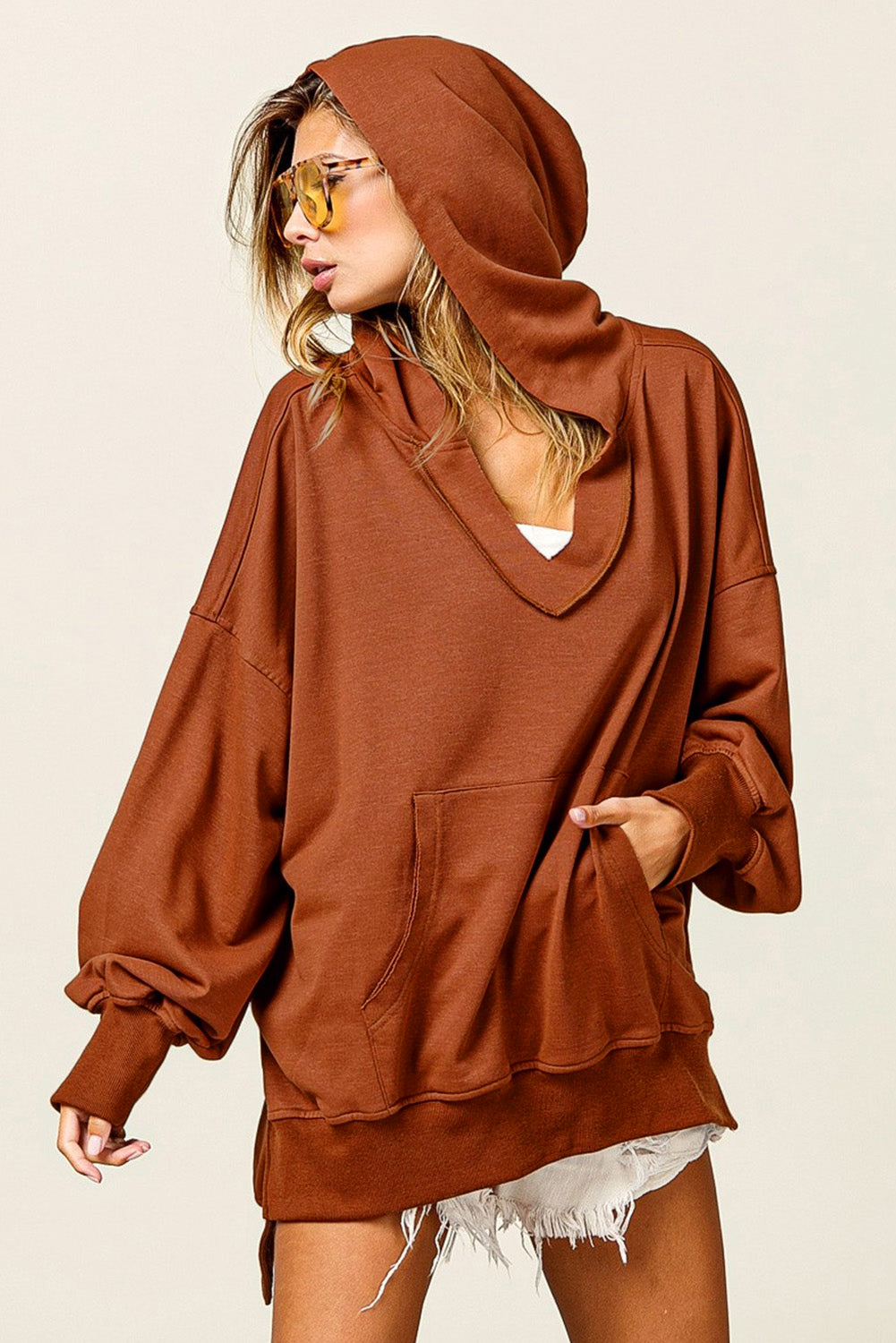 Chestnut V Neck Kangaroo Pocket Oversized Hoodie Sweatshirts & Hoodies JT's Designer Fashion