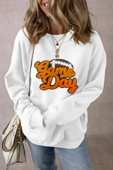 White Chenille Game Day Rugby Football Pattern Pullover Sweatshirt Graphic Sweatshirts JT's Designer Fashion