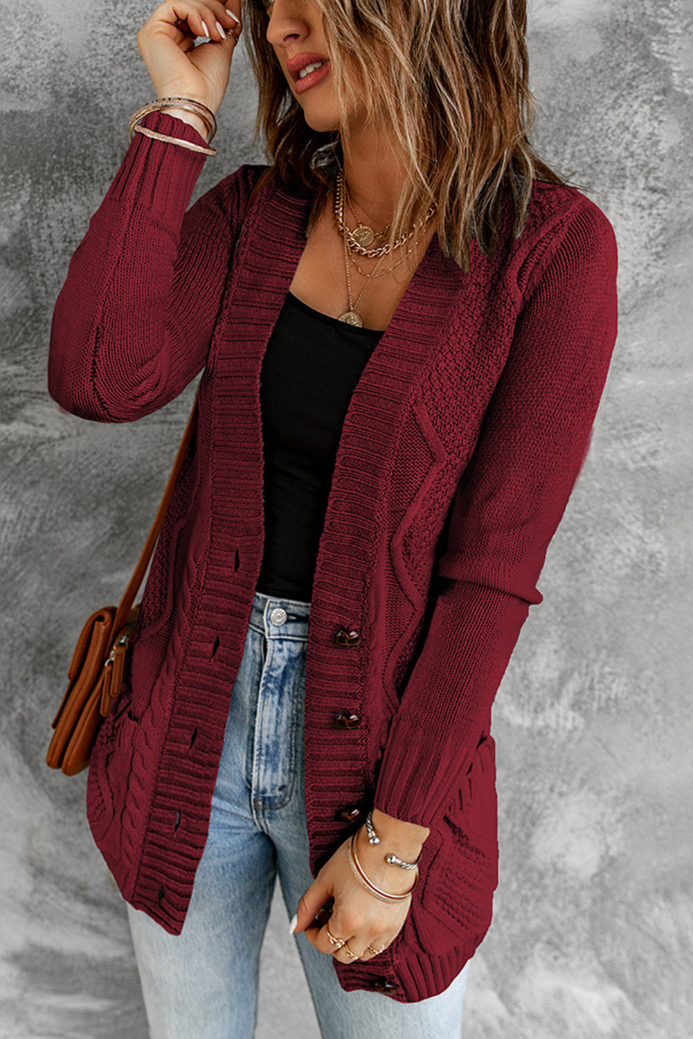 Burgundy Front Pocket and Buttons Closure Cardigan Sweaters & Cardigans JT's Designer Fashion