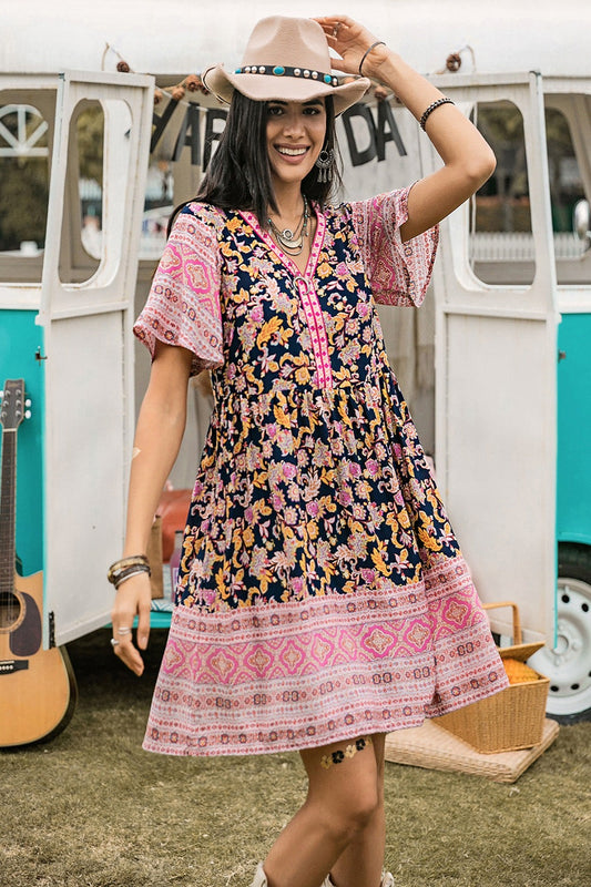 Printed V-Neck Short Sleeve Dress Blush Pink Mini Dresses JT's Designer Fashion