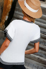White Contrast Trim Round Neck Batwing Sleeve Knitted Top Sweaters & Cardigans JT's Designer Fashion