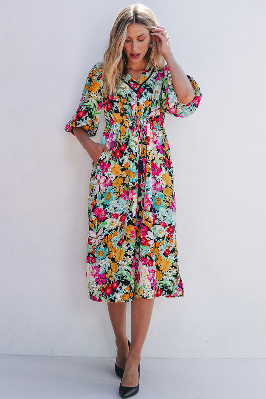 Green Floral Puff Sleeve V Neck Tassel Drawstring Dress Green 100%Polyester Floral Dresses JT's Designer Fashion