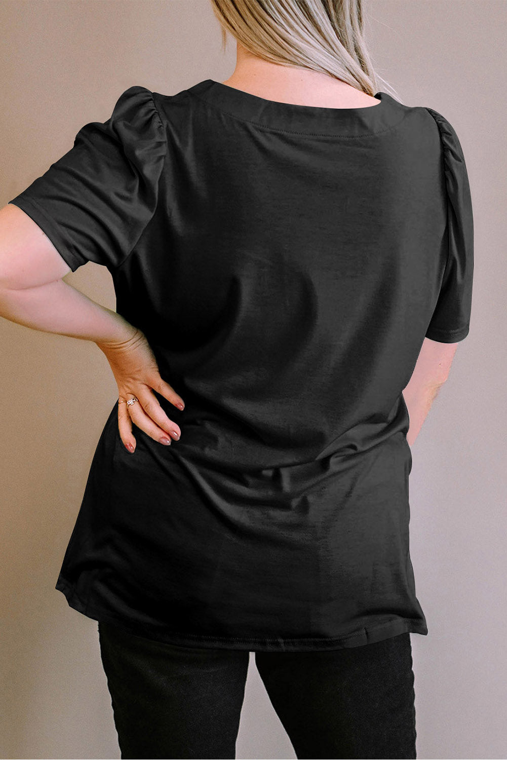 Black Plus Size Square Neck Ruched Shoulder Short Sleeve Top Plus Size Tops JT's Designer Fashion