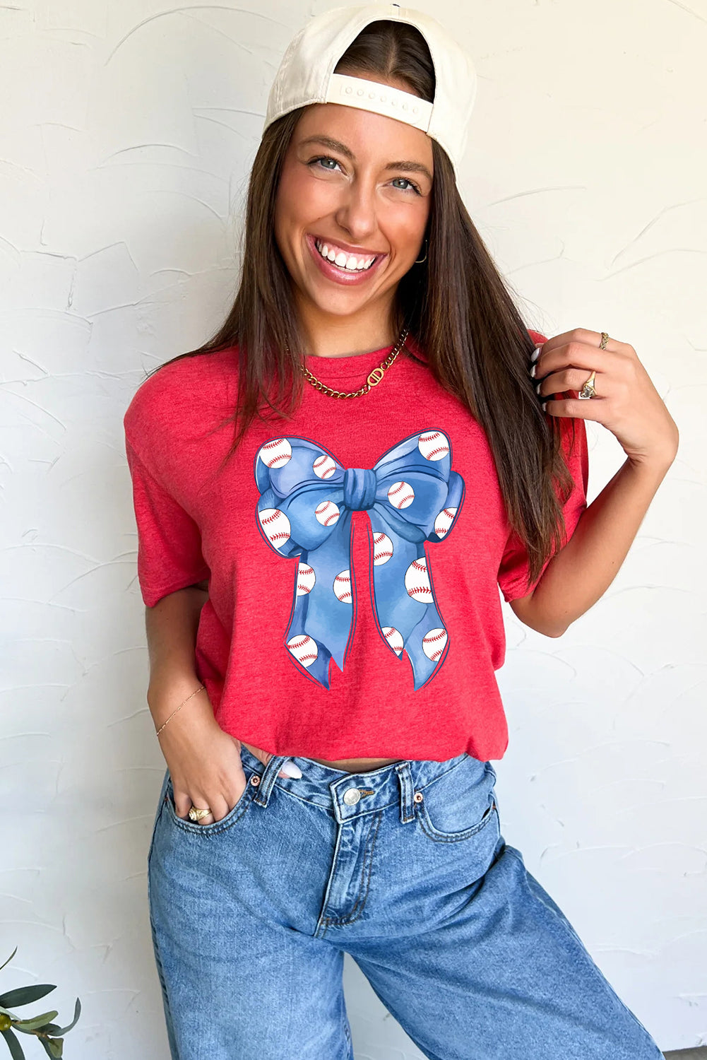 Red Rugby Bowknot Graphic Crew Neck Tee Graphic Tees JT's Designer Fashion