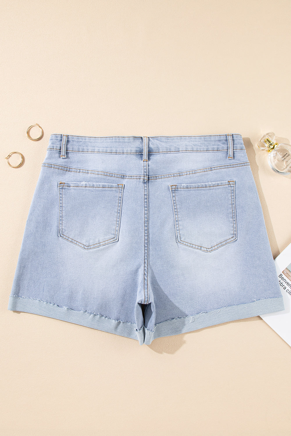 Beau Blue Folded Edge High Waist Plus Size Denim Shorts Plus Size Bottoms JT's Designer Fashion