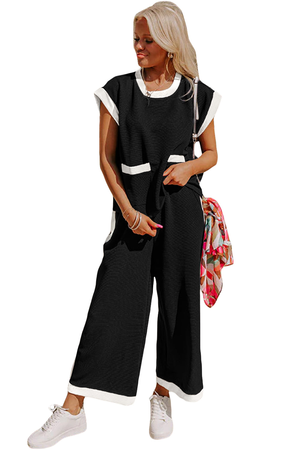 Black Color Block Pocketed T Shirt and Wide Leg Pants Set Pant Sets JT's Designer Fashion