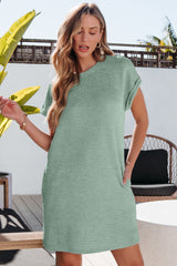 Grass Green Solid Color Textured Crinkle Short Sleeve T Shirt Dress T Shirt Dresses JT's Designer Fashion