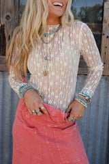 White Sheer Floral Lace Long Sleeve Slim Fit Top Long Sleeve Tops JT's Designer Fashion