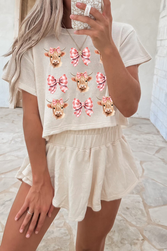 Beige Cow with Bows Cropped Tee and Skort Set Beige 75%Polyester+20%Cotton+5%Elastane Graphic Sets JT's Designer Fashion
