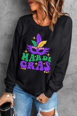 Black Heat Transfer MARDI GRAS Mask Printed Sweatshirt Graphic Sweatshirts JT's Designer Fashion