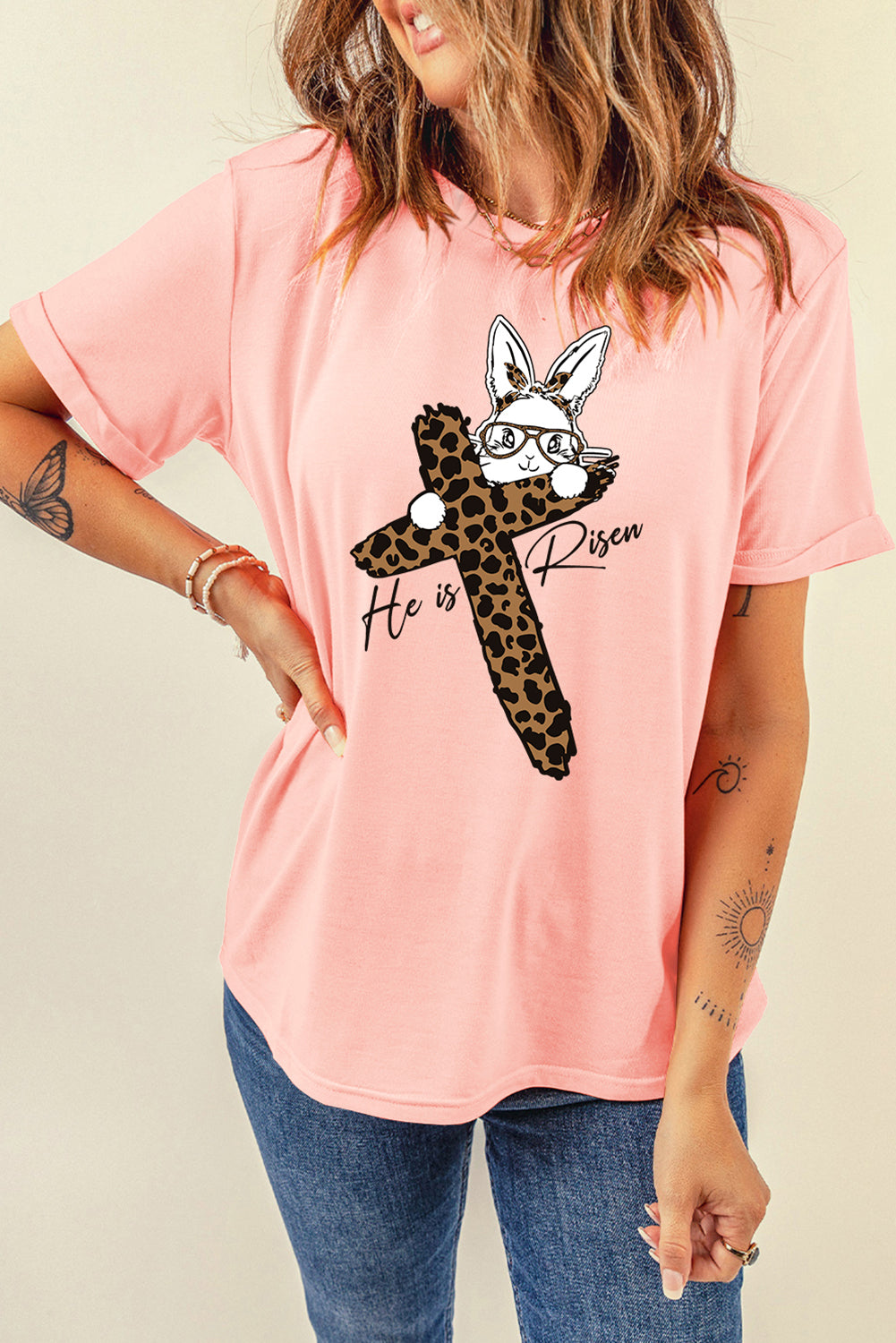 Pink He is Risen Easter Bunny Leopard Cross Graphic Tee Graphic Tees JT's Designer Fashion