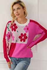 Rose Red Floral Mixed Color Block Sweater Sweaters & Cardigans JT's Designer Fashion