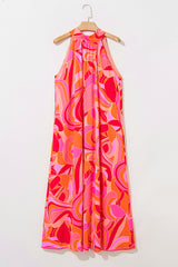 Rose Abstract Printed High Neck Knotted Nape Sleeveless Long Dress Maxi Dresses JT's Designer Fashion