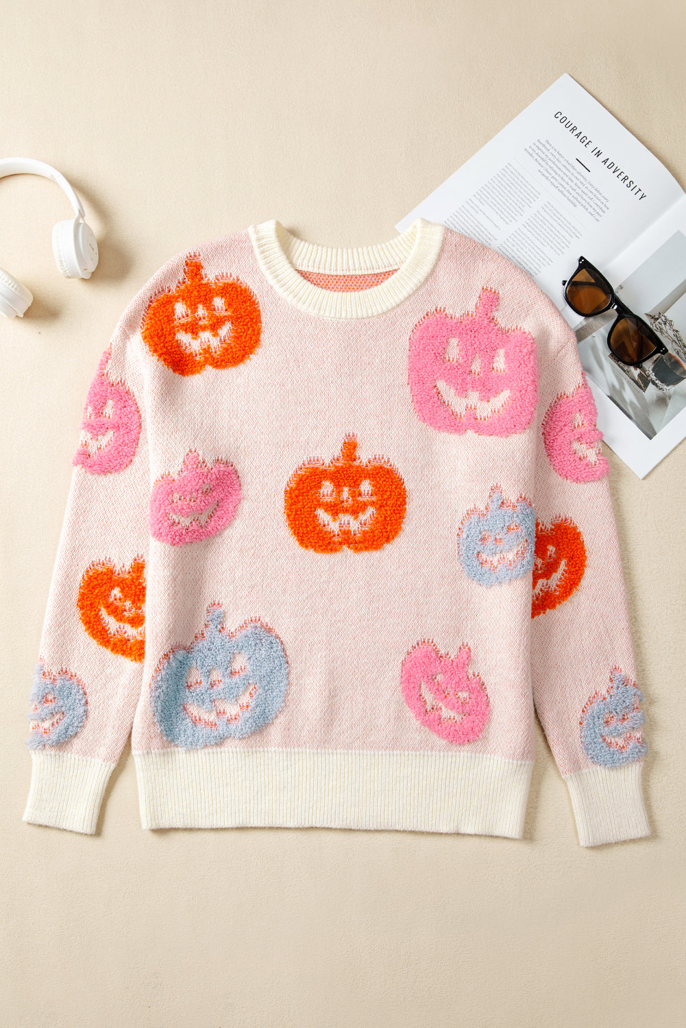 Beige Halloween Cute Pumpkin Pattern Sweater Sweaters JT's Designer Fashion