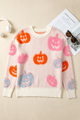 Beige Halloween Cute Pumpkin Pattern Sweater Sweaters JT's Designer Fashion