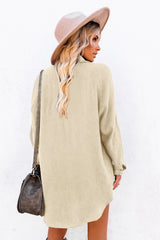 Beige Corduroy Shirt Style Full Button Long Sleeve Shift Mini Dress Mini Dresses JT's Designer Fashion