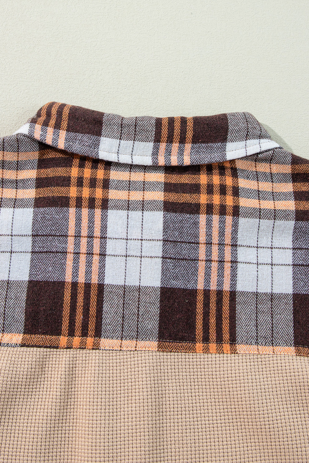 Khaki Thermal Knit Plaid Patchwork Shacket Plaid Shackets JT's Designer Fashion