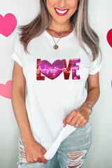 White Heart LOVE Patched Pattern Crewneck Valentines T Shirt Graphic Tees JT's Designer Fashion